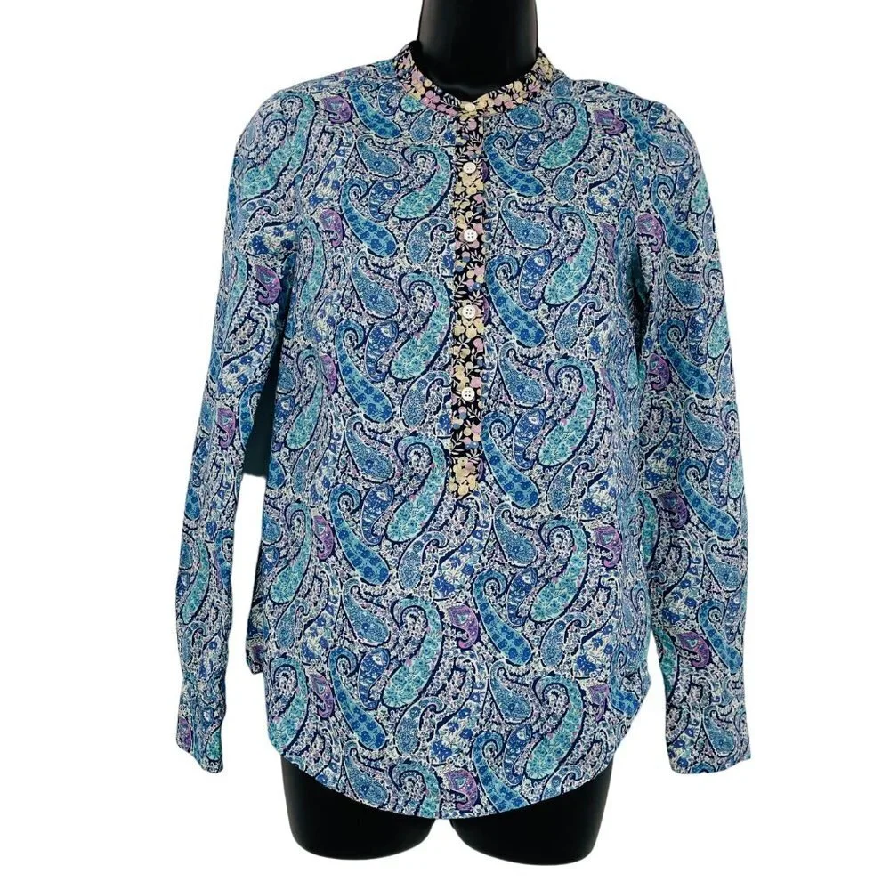 J. Crew Liberty Of London Paisley Pop Over Top Womens Size 00 Blue Preppy Cotton